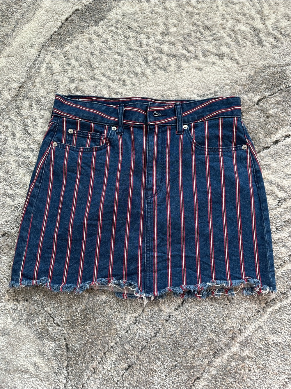 American Eagle Striped Denim Mini Skirt - Navy with Red Pinstripes